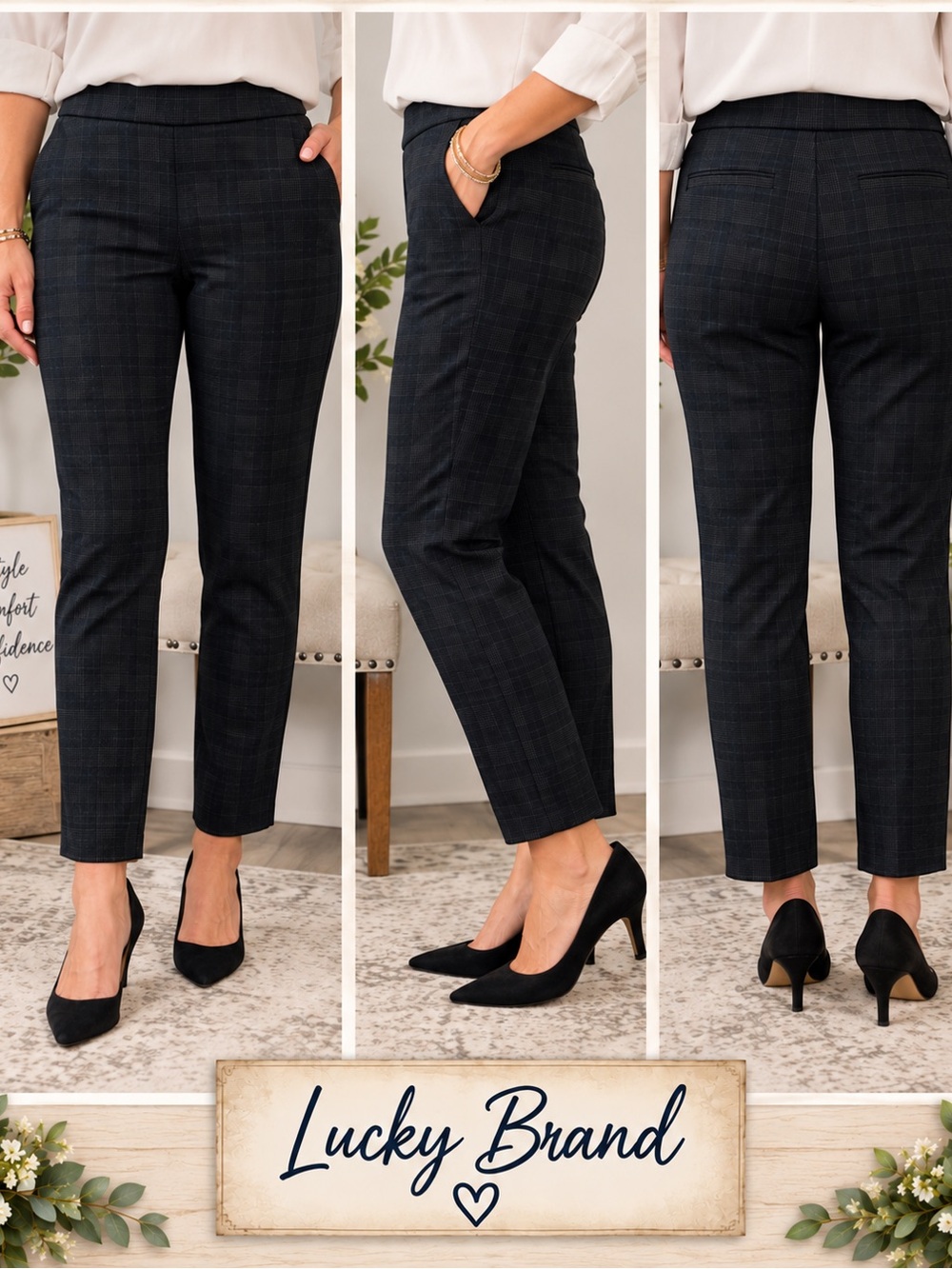 NWT Dalia Plaid Tummy Control Pull On Pants Black Gray - XL